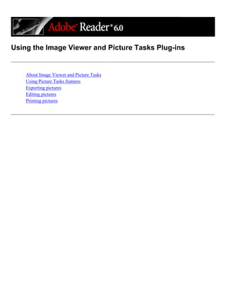 Using the Image Viewer and Picture Tasks Plug-ins
About Image Viewer and Picture Tasks
Using Picture Tasks features
Exporting pictures
Editing pictures
Printing pictures
 