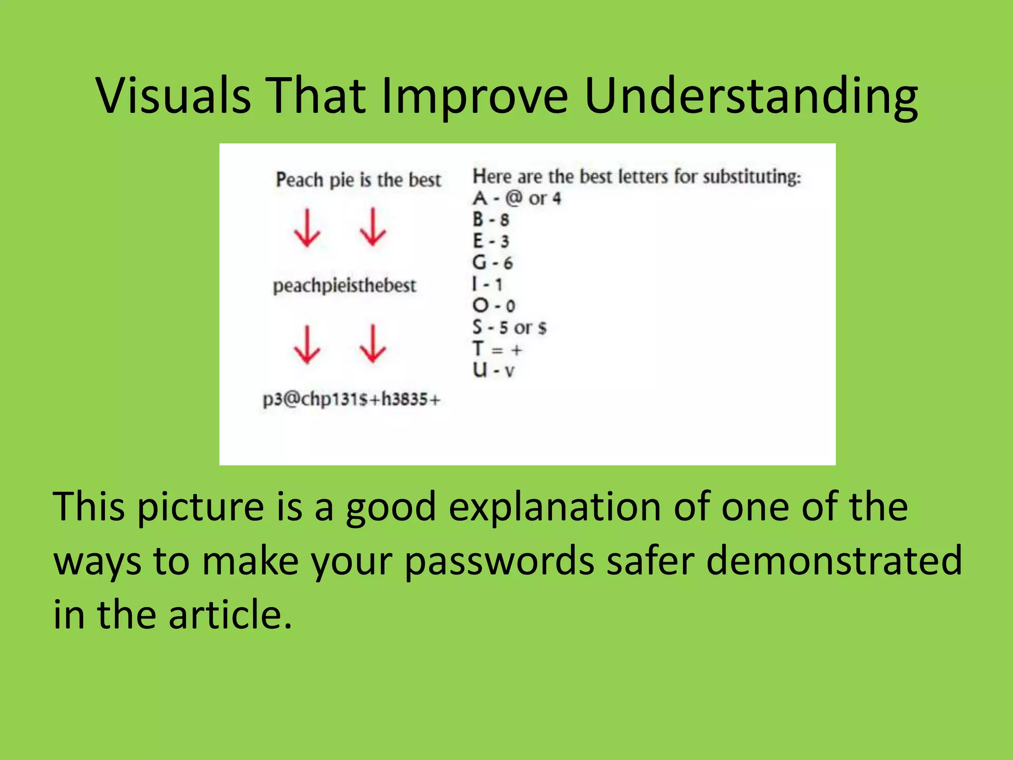 Visuals That Improve Understanding




This picture is a good explanation of one of the
ways to make your passwords safer demonstrated
in the article.
 