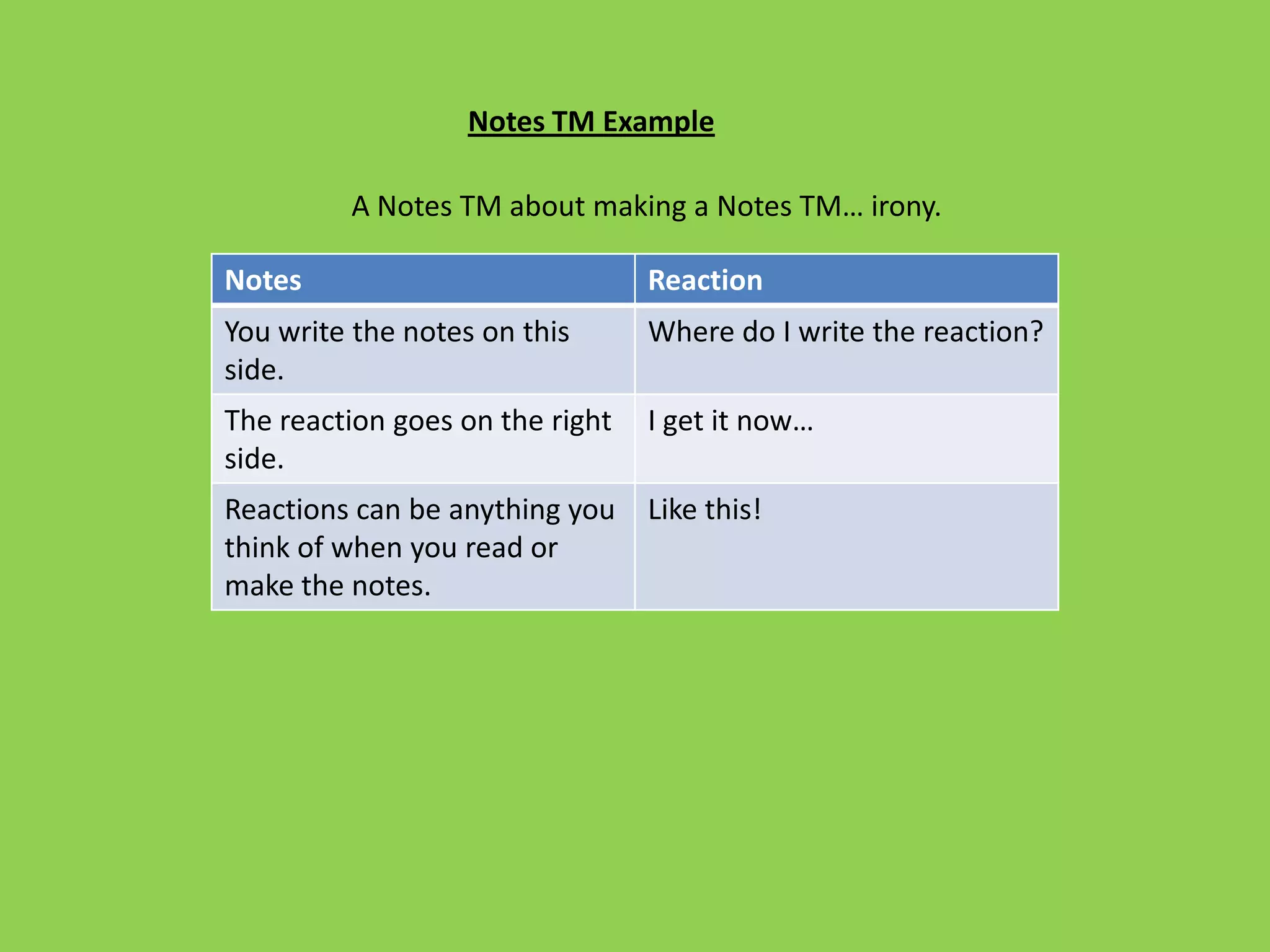 Notes TM Example

         A Notes TM about making a Notes TM… irony.

Notes                            Reaction
You write the notes on this      Where do I write the reaction?
side.
The reaction goes on the right   I get it now…
side.
Reactions can be anything you    Like this!
think of when you read or
make the notes.
 