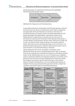 3 Bausteine des Wissensmanagements - ein praxisorientierter Ansatz

                         Bewahrungswürdigen, die angemessene Speicherung und die regelmäßige
                         Aktualisierung bewußt gestaltet werden.




                         Abbildung 8: Die Hauptprozesse der Wissensbewahrung


                         In jeder größeren Organisation werden täglich viele Erfahrungen gewonnen, welche für
                         die Zukunft nützlich sein könnten und daher bewahrt werden sollten. Projektberichte,
                         Sitzungsprotokolle, Briefe oder Präsentationen entstehen an vielen Orten. Die
                         Herausforderung liegt in der Selektion zwischen den bewahrungswürdigen und nicht
                         bewahrungswürdigen Wissensbestandteilen. Organisationen werden nie alle
                         Selektionsprozesse managen können und das wäre auch gar nicht sinnvoll. Für
                         Kernbereiche der organisationalen Wissensbasis sollten allerdings Anstrengungen zur
                         sinnvollen Selektion und Dokumentation getroffen werden. Dabei gilt die Leitregel, daß
                         nur was in der Zukunft für Dritte nutzbar sein könnte es auch verdient, bewahrt zu
                         werden. Alles andere raubt dem zukünftigen Nachfrager nur Zeit und Vertrauen in die
                         Qualität des Dokumentationssystems. Eingefahrene Dokumentationssysteme sind aus
                         dieser Perspektive auf ihre Daseinsberechtigung zu überprüfen.
                         Speicherungsprozesse finden auf der individuellen, der kollektiven und der
                         elektronischen Ebene statt. Auf der individuellen Ebene können Träger von Schlüssel-
                         Know-how über materielle oder immaterielle Anreizsysteme ans Unternehmen gebunden
                         werden. Auf der kollektiven Ebene kann man sich um die Explizierung von Fähigkeiten,
                         welche im prozeduralen Gedächtnis der Organisation gespeichert sind, bemühen und ein
                         Bewußtsein für den Inhalt des historischen Gedächtnisses der Organisation schaffen.
                         Dies ermöglicht einen gezielten Zugriff auf diese Erfahrungen zu einem späteren
                         Zeitpunkt. Die elektronische Bewahrung, in der immer häufiger Expertensysteme als
                         intelligente Hüter des organisationalen Erfahrungsschatzes auftreten, ermöglicht den
                         zukünftigen systematischen Zugriff auf zentrale Wissensdokumente.




© Prof. Lutz Leuendorf   Wissensmanagement in der Praxis                                                     27
 