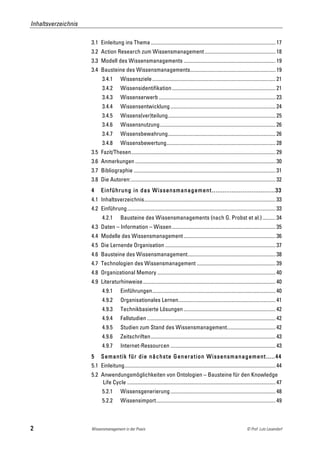Inhaltsverzeichnis

                     3.1	
   Einleitung ins Thema ............................................................................................... 17	
  
                     3.2	
   Action Research zum Wissensmanagement ...................................................... 18	
  
                     3.3	
   Modell des Wissensmanagements ...................................................................... 19	
  
                     3.4	
   Bausteine des Wissensmanagements................................................................. 19	
  
                            3.4.1	
       Wissensziele .............................................................................................. 21	
  
                            3.4.2	
       Wissensidentifikation............................................................................... 21	
  
                            3.4.3	
       Wissenserwerb ......................................................................................... 23	
  
                            3.4.4	
       Wissensentwicklung ................................................................................ 24	
  
                            3.4.5	
       Wissens(ver)teilung.................................................................................. 25	
  
                            3.4.6	
       Wissensnutzung ........................................................................................ 26	
  
                            3.4.7	
       Wissensbewahrung.................................................................................. 26	
  
                            3.4.8	
       Wissensbewertung................................................................................... 28	
  
                     3.5	
   Fazit/Thesen.............................................................................................................. 29	
  
                     3.6	
   Anmerkungen ........................................................................................................... 30	
  
                     3.7	
   Bibliographie ............................................................................................................ 31	
  
                     3.8	
   Die Autoren:.............................................................................................................. 32	
  
                     4 	
   Einführung in das W issensmanagement ................................... 33 	
  
                     4.1	
   Inhaltsverzeichnis.................................................................................................... 33	
  
                     4.2	
   Einführung ................................................................................................................. 33	
  
                            4.2.1	
       Bausteine des Wissensmanagements (nach G. Probst et al.) .......... 34	
  
                     4.3	
   Daten – Information – Wissen............................................................................... 35	
  
                     4.4	
   Modelle des Wissensmanagement ...................................................................... 36	
  
                     4.5	
   Die Lernende Organisation .................................................................................... 37	
  
                     4.6	
   Bausteine des Wissensmanagement................................................................... 38	
  
                     4.7	
   Technologien des Wissensmanagement ............................................................ 39	
  
                     4.8	
   Organizational Memory .......................................................................................... 40	
  
                     4.9	
   Literaturhinweise ..................................................................................................... 40	
  
                            4.9.1	
       Einführungen.............................................................................................. 40	
  
                            4.9.2	
       Organisationales Lernen.......................................................................... 41	
  
                            4.9.3	
       Technikbasierte Lösungen ...................................................................... 42	
  
                            4.9.4	
       Fallstudien .................................................................................................. 42	
  
                            4.9.5	
       Studien zum Stand des Wissensmanagement..................................... 42	
  
                            4.9.6	
       Zeitschriften............................................................................................... 43	
  
                            4.9.7	
       Internet-Ressourcen ................................................................................ 43	
  
                     5 	
   Semantik für die nächste Generation W issensmanagement ..... 44 	
  
                     5.1	
   Einleitung................................................................................................................... 44	
  
                     5.2	
   Anwendungsmöglichkeiten von Ontologien – Bausteine für den Knowledge
                              Life Cycle ................................................................................................................. 47	
  
                            5.2.1	
       Wissensgenerierung ................................................................................ 48	
  
                            5.2.2	
       Wissensimport........................................................................................... 49	
  



2                    Wissensmanagement in der Praxis                                                                                  © Prof. Lutz Leuendorf
 
