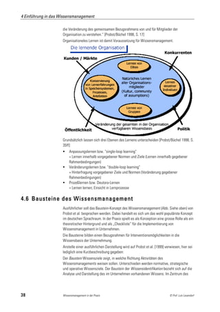 4 Einführung in das Wissensmanagement

                     die Veränderung des gemeinsamen Bezugsrahmens von und für Mitglieder der
                     Organisation zu verstehen.” [Probst/Büchel 1998, S. 17]
                     Organisationeles Lernen ist damit Voraussetzung für Wissensmanagement.




                     Grundsätzlich lassen sich drei Ebenen des Lernens unterscheiden [Probst/Büchel 1998, S.
                     35ff]:
                         Anpassungslernen bzw. "single-loop learning"
                          = Lernen innerhalb vorgegebener Normen und Ziele (Lernen innerhalb gegebener
                          Rahmenbedingungen)
                         Veränderungslernen bzw. "double-loop learning"
                          = Hinterfragung vorgegebener Ziele und Normen (Veränderung gegebener
                          Rahmenbedingungen)
                         Prozeßlernen bzw. Deutora-Lernen
                          = Lernen lernen; Einsicht in Lernprozesse

4.6 Bausteine des Wissensmanagement
                     Ausführlicher soll das Baustein-Konzept des Wissensmanagement (Abb. Siehe oben) von
                     Probst et al. besprochen werden. Dabei handelt es sich um das wohl populärste Konzept
                     im deutschen Sprachraum. In der Praxis spielt es als Konzeption eine grosse Rolle als ein
                     theoretischer Hintergrund und als „Checkliste“ für die Implementierung von
                     Wissensmanagement in Unternehmen.
                     Die Bausteine bilden einen Bezugsrahmen für Interventionsmöglichkeiten in die
                     Wissensbasis der Unternehmung.
                     Anstelle einer ausführlichen Darstellung wird auf Probst et al. [1999] verwiesen, hier sei
                     lediglich eine Kurzbeschreibung gegeben:
                     Der Baustein Wissensziele zeigt, in welche Richtung Aktivitäten des
                     Wissensmanagements weisen sollen. Unterschieden werden normative, strategische
                     und operative Wissensziele. Der Baustein der Wissensidentifikation bezieht sich auf die
                     Analyse und Darstellung des im Unternehmen vorhandenen Wissens. Im Zentrum des




38                   Wissensmanagement in der Praxis                                           © Prof. Lutz Leuendorf
 