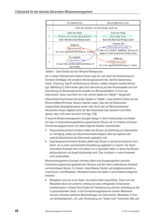 5 Semantik für die nächste Generation Wissensmanagement




                     Tabelle 1: Zwei Sichten auf den Wissens-Metaprozess
                     Der in diesem Beitrag beschriebene Ansatz zeigt auf, wie durch die Verwendung von
                     Domänen-Ontologien die einzelnen Wissensprozessschritte, nämlich Generierung,
                     Import, Erfassung, Zugriff und Nutzung von Wissen, nahtlos integriert werden können
                     (vgl. Abbildung 2). Damit einher geht eine Fokussierung auf den Prozessaspekt und eine
                     Ausrichtung auf Wissenselemente anstelle von Wissensbehältern in Form von
                     Dokumenten. Diese neue Sicht ist in der rechten Spalte von Tabelle 1 dargestellt.
                     Offensichtlich beschreiben die beiden Spalten in Tabelle 1 zwei extreme Sichten auf die
                     Wissens-(Meta-)Prozesse. Neuere Arbeiten zeigen, dass die auf Dokumenten
                     ausgerichtete Herangehensweise immer mehr durch den auf Wissenselemente
                     fokussierten Ansatz abgelöst wird, bei dem Dokumente zwar weiterhin eine Rolle
                     spielen, aber nicht mehr dominant sind (vgl. [16]).
                     IT-basierte Wissensmanagement-Lösungen hängen in ihrer Funktionalität unmittelbar
                     von dem im Unternehmensgedächtnis gespeicherten Wissen ab. Im Hinblick auf seinen
                     Formalisierungsgrad lassen sich dabei folgende Aspekte unterscheiden:
                         Dokumentenorientierte Ansätze stellen das Wissen als Sammlung von Dokumenten
                          zur Verfügung, wobei die Dokumenteninhalte lediglich über die implizite oder
                          explizite Klassifikation der Dokumente zugänglich sind.
                         Expertensystemorientierte Ansätze stellen das Wissen in streng formalisierter Form
                          bereit, um es einer automatischen Verarbeitung zugänglich zu machen. Der damit
                          verbundene Aufwand lohnt sich jedoch nur in speziellen Fällen, in denen das Wissen
                          präzise definiert und langfristig benötigt wird. Dies ist jedoch in vielen Kontexten
                          nicht vorhersehbar.
                     Wissensmanagement-Lösungen erfordern daher eine Ausgewogenheit zwischen
                     Formalisierungsgrad des gespeicherten Wissens und dem damit verbundenen Aufwand
                     und erreichbaren Nutzen. Ein Ansatz, diese Balance flexibel und aufgabenorientiert zu
                     unterstützen, sind Metadaten. Metadaten lassen sich dabei in verschiedene Kategorien
                     einteilen:
                         Metadaten sind zum einen Daten, die andere Daten beschreiben. Diese Form der
                          Metadaten lässt sich weiterhin entlang von zwei orthogonalen Dimensionen
                          charakterisieren: anhand ihres Grades der Formalisierung und ihrer Anbindung an die
                          zu beschreibenden Daten. In der Formalisierungsdimension können Metadaten
                          variieren zwischen textlichen Beschreibungen von Dokumenten, Metadaten in Form
                          von Schlüsselwörtern, z.B. unter Verwendung von “Dublin Core”-Elementen [20], und



46                   Wissensmanagement in der Praxis                                          © Prof. Lutz Leuendorf
 