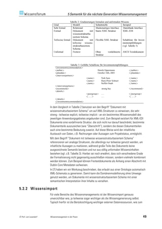 5 Semantik für die nächste Generation Wissensmanagement




                         In dem Vergleich in Tabelle 2 benutzen wir den Begriff “Dokument mit
                         wissensstrukturbasiertem Schema” um auf XML-Strukturen zu verweisen, die sehr
                         streng - teilweise explizit, teilweise implizit - an ein bestimmtes Wissensmodell des
                         jeweiligen Anwendungsgebietes angebunden sind. Zum Beispiel existiert für XML-EDI
                         Dokumente eine vordefinierte Struktur, die sich nicht nur darauf beschränkt, bestimmte
                         Dokumentteile auszuzeichen (wie “Überschrift”), sondern die diesen Dokumentteilen
                         auch eine bestimmte Bedeutung zuweist. Auf diese Weise wird der inhaltliche
                         Austausch von Daten, z.B. Rechnungen oder Aussagen zum Projektstatus, ermöglicht.
                         Mit dem Begriff “Dokument mit teilweise wissensstrukturbasiertem Schema”
                         referenzieren wir analoge Strukturen, die allerdings nur teilweise genutzt werden, um
                         inhaltliche Aussagen zu markieren, während große Teile des Dokuments keine
                         ausgezeichnete Semantik besitzen und nur aus völlig unformalen Wissensinhalten
                         bestehen (vgl. z.B. Tabelle 3). Hierbei sei noch erwähnt, dass sich verschiedene Grade
                         der Formalisierung nicht gegenseitig ausschließen müssen, sondern vielmehr kombiniert
                         werden können. Zum Beispiel können Freitextdokumente als Anhang einen Abschnitt mit
                         Dublin Core Metadaten aufweisen.
                         In [7] haben wir ein Werkzeug beschrieben, das erlaubt aus einer Ontologie automatisch
                         XML-Schemata zu generieren. Damit kann die Domänenmodellierung ohne Umwege
                         genutzt werden, um Dokumente mit wissensstrukturbasiertem Schema mit einer
                         semantischen Interpretation ihrer Inhalte zu versehen.

5.2.2 Wissensimport
                         Für viele Bereiche des Wissensmanagements ist der Wissensimport genauso
                         unverzichtbar wie, ja teilweise sogar wichtiger als die Wissensgenerierung selbst.
                         Typisch hierfür ist die Berücksichtigung wichtiger externer Datenressourcen, wie zum



© Prof. Lutz Leuendorf   Wissensmanagement in der Praxis                                                        49
 