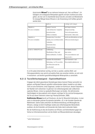 6 Wissensmanagement – ein kritischer Blick

                                  Autorisiertes Wissen6 ist von mehreren Instanzen auf „Herz und Nieren“, d.h.
                                  Gültigkeit und strategische Wirksamkeit geprüft und kann insoferne als sicher
                                  gelten, als man sich im Zweifelsfall darauf berufen und daher als MitarbeiterIn
                                  für etwaige Mängel dieses Wissens in der Anwendung nicht haftbar gemacht
                                  werden kann.




                      Es ist für jedes Unternehmen wichtig, sich klar zu werden, welches Welt- und
                      Führungsverständnis man vertritt und welche Ziele man erreichen möchte, um sich nicht
                      in motivations- und letztlich geschäftsschädigende Widersprüche zu verwickeln.
             6.2.1.2 Tacit/Stillschweigend – Explizit/Kodifiziert
                      Entgegen den üblich gewordenen Darstellungen (deren Autoren Polanyi vermutlich nie
                      gelesen und Nonaka/Takeuchi gründlich mißverstanden haben), handelt es sich dabei
                      nicht um eine Dichotomie, einen Gegensatz, sondern ein Kontinuum, dessen Eckpunkte in
                      der Realität nicht vorkommen: Es gibt kein rein stillschweigendes oder vollkommen
                      explizites Wissen, immer nur graduelle Mischungen von beiden. Als definitorische
                      Spitzfindigkeit ist dies praktisch nicht relevant, wichtiger für Sie sind die Konsequenzen,
                      die Sie aus dieser Erkenntnis ziehen (vgl. Rooney/Schneider, 2000).
                      Kodifiziertes Wissen beruht auf Strukturen, die das für Wesentlich befundene, in einer
                      extra zu erlernenden präzisen Kurzsprache darstellen, z.B. in der formalen Sprache der
                      Mathematik. Solche Codes erleichtern die Weiterentwicklung und Weitergabe des
                      Wissens, solange sie beim Empfänger wieder jene stillschweigenden Bestandteile
                      auslösen, die die Entwickler und Verwender des Codes damit verbunden haben.
                      Bei der Kodifizierung ist also die Zunahme von Effizienz und Verbreitbarkeit gegen den
                      Verlust an Informationsreichtum und die Gefahr von Missverständnissen abzuwägen.


                      6
                          siehe Fußnotentext 3



68                    Wissensmanagement in der Praxis                                            © Prof. Lutz Leuendorf
 