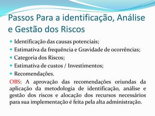 Passos Para a identificação, Análise
e Gestão dos Riscos
 Identificação das causas potenciais;
 Estimativa da frequência e Gravidade de ocorrências;
 Categoria dos Riscos;
 Estimativa de custos / Investimentos;
 Recomendações.
OBS: A aprovação das recomendações oriundas da
aplicação da metodologia de identificação, análise e
gestão dos riscos e alocação dos recursos necessários
para sua implementação é feita pela alta administração.
 
