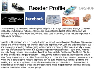 Reader Profile


I have used my survey results and analysis to help form an image of what the average consumer
will be like, including her hobbies, interests and music choices. Not all of the information was
available from my survey responses, so I also used other music magazines readership profiles to
help create my reader.

Isabelle is 17 years old and is currently studying for her A-Levels at college. She has a big group of
friends and loves shopping, her favourite shops are Topshop, New Look and Urban Outfitters, but
she also enjoys spending her time going to the cinema and dancing. She loves a variety of music,
from Pop to Indie and sometimes R‘n’B, and is inspired by artists such as: Taylor Swift, Rihanna
and Jake Bugg, but also bands such as Two Door Cinema Club, Bastille and The Script. She has
an iPod touch and is a frequent visitor of iTunes, buying mainly singles but the occasional album
also. Going to concerts is one of her favourite things to do, but she does not attend as many as she
would like to because pop concerts especially can be quite expensive. She has a part time job
working at a clothes shop in the centre of town she lives in, and her fashion choices are heavily
influenced by the images of artists that she sees in the music magazines that she buys. She also
acts as a trend setter within her peer group.
 