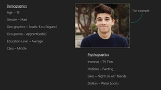 Demographics
Age - 18
Gender – Male
Geo-graphics – South– East England
Occupation – Apprenticeship
Education Level – Average
Class – Middle
Psychographics
Interests – TV, Film
Hobbies – Painting
Likes – Nights in with friends
Dislikes – Water Sports
For example
 