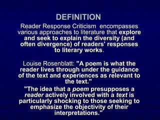 DEFINITIONDEFINITION
Reader Response Criticism encompassesReader Response Criticism encompasses
various approaches to literature thatvarious approaches to literature that exploreexplore
and seek to explain the diversity (andand seek to explain the diversity (and
often divergence) of readers' responsesoften divergence) of readers' responses
to literary worksto literary works..
Louise Rosenblatt:Louise Rosenblatt: "A poem is what the"A poem is what the
reader lives through under the guidancereader lives through under the guidance
of the text and experiences as relevant toof the text and experiences as relevant to
the text."the text."
"The idea that a"The idea that a poempoem presupposes apresupposes a
readerreader actively involved with aactively involved with a texttext isis
particularly shocking to those seeking toparticularly shocking to those seeking to
emphasize the objectivity of theiremphasize the objectivity of their
interpretations."interpretations."
 