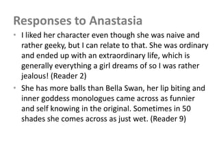 Responses to Anastasia
• I liked her character even though she was naive and
  rather geeky, but I can relate to that. She was ordinary
  and ended up with an extraordinary life, which is
  generally everything a girl dreams of so I was rather
  jealous! (Reader 2)
• She has more balls than Bella Swan, her lip biting and
  inner goddess monologues came across as funnier
  and self knowing in the original. Sometimes in 50
  shades she comes across as just wet. (Reader 9)
 