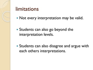 limitations
 Not every interpretation may be valid.
 Students can also go beyond the
interpretation levels.
 Students c...