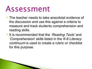 The teacher needs to take anecdotal evidence of
the discussion and use this against a criteria to
measure and track students comprehension and
reading skills.
 It is recommended that the ‘Reading Texts’ and
‘Comprehension’ skills listed in the K-6 Literacy
continuum is used to create a rubric or checklist
for this purpose.


 