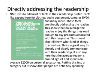 Directly addressing the readershipNME likes to add allot of facts in their readership profile. Facts like expenditure for clothes, audio equipment, cameras DVD’s 			and many more. These facts 					are directly addressing the readers. 				This shows that on average the 				readers enjoy the things they read 				enough to buy products associated 				with this magazine. This should 				also tell them what kind of things 				to advertise. This is a great way to 				directly and clearly communicate 				with their readership. It also says 				here that the average reader is 				around age 24 and spends on average £2000 on personal accessories. Putting this into a category but it shows that people are definitely spending.  