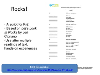 Rocks! <ul><li>A script for K-2 </li></ul><ul><li>Based on  Let’s Look at Rocks  by Jeri Cipriano </li></ul><ul><li>Use af...