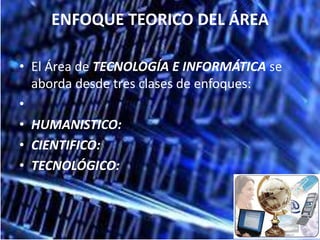 ENFOQUE TEORICO DEL ÁREA

• El Área de TECNOLOGÍA E INFORMÁTICA se
  aborda desde tres clases de enfoques:
•
• HUMANISTICO:
• CIENTIFICO:
• TECNOLÓGICO:
 