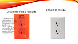 Circuito de energía regulada
Circuito de energía
Cuando el pc esta
conectado al circuito
de energía regulada
y se va la energía,
quedan los
computadores
encendidos de 5 o
10 minutos para
apagar el equipo
correctamente.
 