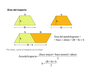 Área del trapecio
b
B
h
b
B
h
b
h
B
B + b
Área del paralelogramo =
= base  altura = (B + b)  h
2
h×)b+B(
=A
2
altura×)menorbase+mayorbase(
=trapeciodelÁrea
Por tanto, como el trapecio es la mitad
 