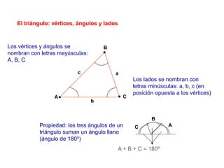 C
El triángulo: vértices, ángulos y lados
Propiedad: los tres ángulos de un
triángulo suman un ángulo llano
(ángulo de 180º)
Los vértices y ángulos se
nombran con letras mayúsculas:
A, B, C
Los lados se nombran con
letras minúsculas: a, b, c (en
posición opuesta a los vértices)
A + B + C = 180º
A
B
a
b
c
A
B
C
 