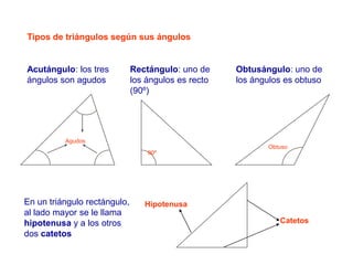 Tipos de triángulos según sus ángulos
Acutángulo: los tres
ángulos son agudos
Rectángulo: uno de
los ángulos es recto
(90º)
Obtusángulo: uno de
los ángulos es obtuso
Agudos
Obtuso
90º
En un triángulo rectángulo,
al lado mayor se le llama
hipotenusa y a los otros
dos catetos
Catetos
Hipotenusa
 