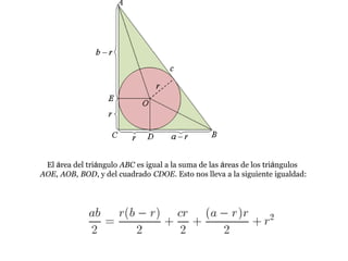 El área del triángulo ABC es igual a la suma de las áreas de los triángulos
AOE, AOB, BOD, y del cuadrado CDOE. Esto nos lleva a la siguiente igualdad:
 