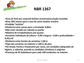 13ÁREA DE VIVÊNCIA
•Área de 4m2 por conjunto beliche-armários(circulação incluída).
•Área 30% menor para o caso de cama simples-armário
•Proibido “treliche”
•Distância entre camas para a circulação: 0,80m
•Não estar situado em subsolo ou porão
•Máximo de 4 trabalhadores por quarto
•Armários individuais de (altura = 0,90 x largura = 0,60 x profundidade =
0,45) m3
•Distância entre frentes de armários: 1,60 m
•Topo dos armários no máximo a 1,80 m do piso.
•Ter lençol, fronha e travesseiro por cama, em condições adequadas de
higiene, e cobertor, quando as condições climáticas o exigirem.
•Presença de 01 bebedouro para cada 100 residentes no máximo
NBR 1367
 