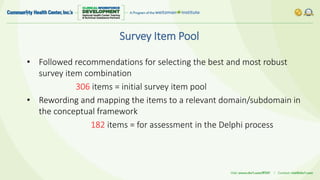 Survey Item Pool
• Followed recommendations for selecting the best and most robust
survey item combination
306 items = initial survey item pool
• Rewording and mapping the items to a relevant domain/subdomain in
the conceptual framework
182 items = for assessment in the Delphi process
 