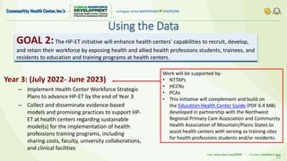 Using the Data
GOAL 2:The HP-ET initiative will enhance health centers’ capabilities to recruit, develop,
and retain their workforce by exposing health and allied health professions students, trainees, and
residents to education and training programs at health centers.
Year 3: (July 2022- June 2023)
– Implement Health Center Workforce Strategic
Plans to advance HP-ET by the end of Year 3
– Collect and disseminate evidence-based
models and promising practices to support HP-
ET at health centers regarding sustainable
model(s) for the implementation of health
professions training programs, including
sharing costs, faculty, university collaborations,
and clinical facilities
31
Work will be supported by-
• NTTAPs
• HCCNs
• PCAs
• This initiative will complement and build on
the Education Health Center Guide (PDF 6.4 MB)
developed in partnership with the Northwest
Regional Primary Care Association and Community
Health Association of Mountain/Plains States to
assist health centers with serving as training sites
for health professions students and/or residents.
 