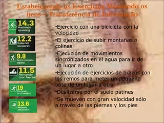 Estabelecendo os Exercícios  Montando os ítens – Transferência de Informação Ejercicio con una bicicleta con la velocidad El ejercicio de subir montañas o colinas Ejecución de movimientos sincronizados en el agua para ir de un lugar a otro Ejecución de ejercicios de brazos con los remos para meter un pequeño bote de un lugar a otro Deslizarse por el suelo patines Se mueven con gran velocidad sólo a través de las piernas y los pies 