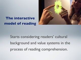 The interactive model of reading   Starts considering readers’ cultural  background and value systems in the process of reading comprehension. 