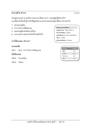 คําถามที่ 8: ตํารวจ                                                                             R100Q07

ทายสุดของบทนํา (กรอบสีเทากรอบแรก) มีขอความวา: “แตจะพิสูจนไดอยางไร?”
ตามเนื้อหาในเรื่องนี้ ผูทําหนาที่พิสูจนพยายามหาคําตอบของปญหานีโ้ ดยการทําอยางไร
1.   สอบพยานรูเห็น
2.   ทําการวิเคราะหพันธุกรรม                                   ลักษณะเฉพาะของขอสอบ
                                                                กลยุทธการอาน : พัฒนาการตีความ
3.   สอบสวนผูตองสงสัยอยางถี่ถวน
                                                                โครงสรางขอเขียน : คําชี้แจง
4.   ทบทวนผลการสอบสวนใหมทั้งหมดอีกครั้ง                        รูปแบบถอยความ : ถอยความตอเนื่องกัน
                                                                บริบท : การศึกษา
                                                                รูปแบบของขอสอบ : เลือกตอบ
การใหคะแนน ตํารวจ 7
คะแนนเต็ม
                                                                           ประเทศ           % ตอบถูก
รหัส 1: ขอ 2. ทําการวิเคราะหพันธุกรรม                                    ญี่ปุน            82.4
ไมไดคะแนน                                                                เกาหลี             82.3
                                                                           จีน-ฮองกง         89.8
รหัส 0: คําตอบอื่นๆ                                                        ไทย                71.8

รหัส 9: ไมตอบ




                      เกณฑการใหคะแนนขอสอบการอาน ชุดที่ 1        หนา 13
 