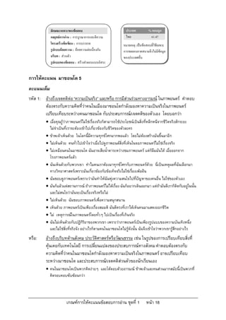 ลักษณะเฉพาะของขอสอบ                             ประเทศ           % ตอบถูก
            กลยุทธการอาน : การบูรณาการและตีความ            ไทย               61.47
            โครงสรางขอเขียน : การบรรยาย                   หมายเหตุ: เปนขอสอบที่ใชเฉพาะ
            รูปแบบถอยความ : ถอยความตอเนื่องกัน           การทดลองภาคสนามจึงไมมีขอมูล
            บริบท : สวนตัว                                 ของประเทศอื่น
            รูปแบบของขอสอบ : สรางคําตอบแบบอิสระ


การใหคะแนน มาซอนโด 5
คะแนนเต็ม
รหัส 1: อางถึงเจตคติตอ “ความเปนจริง” และ/หรือ การมีสวนรวมทางอารมณ ในภาพยนตร คําตอบ
        ตองตรงกับความคิดที่วาคนในเมืองมาซอนโดกําลังมองหาความเปนจริงในภาพยนตร
        เปรียบเทียบระหวางคนมาซอนโด กับประสบการณ/เจตคติของตัวเอง โดยบอกวา
          เมื่อคุณรูวาภาพยนตรไมใชเรื่องจริงก็สามารถใชประโยชนเปนสิ่งที่หลีกหนีจากชีวิตจริงสักระยะ
           ไมจําเปนที่เราจะตองเขาไปเกี่ยวของกับชีวิตของตัวละคร
          ขาพเจาเห็นดวย ในโลกนี้มีความทุกขโศกมากพอแลว โดยไมตองสรางมันขึ้นมาอีก
          ไมเห็นดวย คนทั่วไปเขาใจวาเมื่อไปดูภาพยนตสิ่งที่เห็นในจอภาพยนตรไมใชเรื่องจริง
          ไมเหมือนคนในมาซอนโด ฉันอาจเสียน้ําตาระหวางชมภาพยนตร แตก็ลืมมันได เมื่อออกจาก
           โรงภาพยนตรแลว
          ฉันเห็นดวยกับพวกเขา ทําไมคนเราตองมาทุกขโศกกับภาพยนตรดวย นี่เปนเหตุผลที่ฉันเลือกมา
           ทางวิทยาศาสตรเพราะมันเกี่ยวของกับขอเท็จจริงไมใชเรื่องเพอฝน
          ฉันชอบดูภาพยนตรเพราะวามันทําใหฉันพุงความสนใจไปที่ปญหาของคนอื่น ไมใชของตัวเอง
          มันก็แลวแตสถานการณ ถาภาพยนตรไมไดเรื่อง ฉันก็อยากเดินออกมา แตถามันดีเราก็ติดกับอยูในนั้น
           และไมสนใจวามันจะเปนเรื่องจริงหรือไม
          ไมเห็นดวย ฉันชอบภาพยนตรเพื่อความสนุกสนาน
          เห็นดวย ภาพยนตรเปนเพียงเรื่องสมมติ มันดีตรงที่เราไดเห็นคนมาแสดงออกชีวิต
          ไม เหตุการณในภาพยนตรโดยทั่วๆ ไปเปนเรื่องที่เกินจริง
          ฉันไมเห็นดวยกับปฏิกิริยาของพวกเขา เพราะวาภาพยนตรเปนเพียงรูปแบบของความบันเทิงหนึ่ง
           และไมใชสิ่งที่จริงจัง อยางไรก็ตามคนในมาซอนโดไมรูดังนั้น ฉันจึงเขาใจวาพวกเขารูสึกอยางไร
หรือ:    อางถึงบริบทดานสังคม ประวัติศาสตรหรือวัฒนธรรม เชน ในรูปของการเปรียบเทียบสิ่งที่
         คุนเคยกับเทคโนโลยี การเปลี่ยนแปลงของประสบการณทางสังคม คําตอบตองตรงกับ
         ความคิดที่วาคนในมาซอนโดกําลังมองหาความเปนจริงในภาพยนตร อาจเปรียบเทียบ
         ระหวางมาซอนโด และประสบการณ/เจตคติสวนตัวของนักเรียนเอง
          คนในมาซอนโดเปนพวกคิดงายๆ และโตตอบดวยอารมณ ขาพเจาและคนสวนมากสมัยนี้เปนพวกที่
           คิดรอบคอบซับซอนกวา




                      เกณฑการใหคะแนนขอสอบการอาน ชุดที่ 1                หนา 18
 