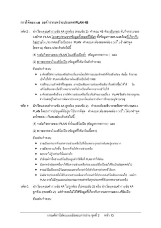 การใหคะแนน องคการระหวางประเทศ PLAN 4B
รหัส 2 : นักเรียนตอบคําถามขอ 4A ถูกตอง (ตอบขอ 2) คําตอบ 4B ตองอธิบายระดับกิจกรรมของ
         องคการ PLAN โดยสรุปรวมจากขอมูลทั้งหมดที่ใหมา ทั้งขอมูลทางตรงและออมที่เกี่ยวกับ
         กิจกรรมในประเทศเอธิโอเปยของ PLAN คําตอบจะตองสอดคลอง (แมไมอางคําพูด
         โดยตรง) กับสองประเด็นตอไปนี้
         (1) ระดับกิจกรรมของ PLAN ในเอธิโอเปยต่ํา (ขอมูลจากตาราง ) และ
         (2) ความยากจนในเอธิโอเปย (ขอมูลที่ใหมาในตัวคําถาม)
         ตัวอยางคําตอบ
            องคกรที่ใหความชวยเหลือมักจะเริ่มงานโดยใหการอบรมเจาหนาที่ทองถิ่นกอน ดังนั้น จึงนาจะ
             เปนไปไดวา PLAN เพิ่งเริ่มงานในเอธิโอเปยในป 1996
            การฝกอบรมเจาหนาที่ในชุมชน อาจเปนเพียงความชวยเหลือเดียวที่องคกรนี้จะใหได ใน
             เอธิโอเปยอาจจะไมมีโรงพยาบาลหรือโรงเรียนที่พวกเขาจะเขาไปใช
            องคกรชวยเหลืออื่นๆ อาจใหความชวยเหลือเกี่ยวกับดานยาและอื่นๆ PLAN จึงเห็นวาชาวชุมชน
             จําเปนตองรูในดานการพัฒนาประเทศ [บอกโดยออมวาเปนการฝกอบรมผูนําชุมชน]
รหัส 1: นักเรียนตอบคําถามขอ 4A ถูกตอง (ตอบขอ 2) คําตอบตองอธิบายระดับการทํางานของ
        PLAN โดยการนําขอมูลที่มีอยูมาใชมากที่สุด คําตอบจะตองสอดคลอง (แมไมไดยกคําพูด
        มาโดยตรง) กับสองประเด็นตอไปนี้
         (1) ระดับกิจกรรมของ PLAN ต่ําในเอธิโอเปย (ขอมูลจากตาราง) และ
         (2) ความยากจนในเอธิโอเปย (ขอมูลที่ใหมาในเนื้อหา)
         ตัวอยางคําตอบ
              อาจเปนการยากที่จะสงความชวยเหลือไปที่นั่น เพราะทุกอยางสับสนวุนวายมาก
              อาจมีสงครามเกิดขึ้น จึงยากที่จะใหความชวยเหลือ
              พวกเขาไมรูจะชวยที่นั่นอยางไร
              ถามีองคกรอื่นชวยเอธิโอเปยอยูแลว ก็มีสิ่งที่ PLAN ทําไดนอย
              ฉันคาดวาประเทศอื่นๆ ไดรับความชวยเหลือกอน และเอธิโอเปยจะไดรับเปนประเทศตอไป
              ชาวเอธิโอเปยอาจมีวัฒนธรรมเฉพาะที่อาจทําใหเขากับชาวตางชาติไดยาก
              ฉันคิดวาประเทศอื่นไดรับความชวยเหลือมากไปจนทําใหประเทศเอธิโอเปยตกหลนไป องคกร
               PLAN อาจไมมีทุนและงบประมาณมากพอสําหรับทุกประเทศที่ตองการความชวยเหลือ
รหัส 0: นักเรียนตอบคําถามขอ 4A ไมถูกตอง (ไมตอบขอ 2) หรือ นักเรียนตอบคําถามขอ 4A
        ถูกตอง (ตอบขอ 2) แตคําตอบไมไดใชขอมูลที่เกี่ยวกับความยากจนของเอธิโอเปย
         ตัวอยางคําตอบ


                     เกณฑการใหคะแนนขอสอบการอาน ชุดที่ 2             หนา 13
 