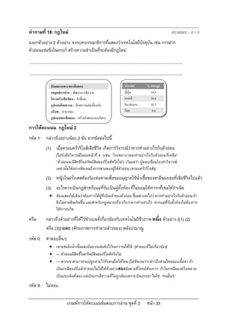 คําถามที่ 18: กฎใหม                                                                                                             R236Q02 – 0 1 9
จงยกตัวอยาง 2 ตัวอยาง จากบทบรรณาธิการที่แสดงวาเทคโนโลยีปจจุบัน เชน การฝาก
ตัวออนแชแข็งในครรภ สรางความจําเปนที่จะตองมีกฎใหม
...........................................................................................................................................
...........................................................................................................................................

                   ลักษณะเฉพาะของขอสอบ                                               ประเทศ              % ตอบถูก
                   กลยุทธการอาน : พัฒนาการตีความ                                    ญี่ปุน               24.4
                   โครงสรางขอเขียน : คําชี้แจง                                      เกาหลี                36.6
                   รูปแบบถอยความ : ถอยความตอเนื่องกัน                              จีน-ฮองกง            25.3
                   บริบท : สาธารณะ                                                    ไทย                    9.6
                   รูปแบบของขอสอบ : สรางคําตอบแบบอิสระ

การใหคะแนน กฎใหม 2
รหัส 1: กลาวถึงอยางนอย 2 ขอ จากขอตอไปนี้
              (1) เมื่อครอบครัวริโอสเสียชีวิต เกิดการวิจารณวาควรทําอยางไรกับตัวออน
                        [ไมรับขอวิจารณในยอหนาที่ 4 (เชน “โรงพยาบาลจะทําอยางไรกับตัวออน ที่เหลือ”
                        “ตัวออนจะมีสิทธิในทรัพยสินของรีโอสหรือไม”) เวนแตวา ผูตอบเชื่อมโยงคําวิจารณ
                        เหลานั้นไดอยางชัดเจนถึงการตายของผูใหตัวออน (ครอบครัวริโอส)]
              (2) หญิงในฝรั่งเศสตองรองตอศาลเพื่อขออนุญาตใชน้ําเชื้อของสามีของเธอที่เสียชีวิตไปแลว
              (3) อะไรควรเปนกฎสําหรับแมที่รับเปนผูตั้งทอง ที่ไมยอมใหทารกที่เธอใหกําเนิด
                  ตองแสดงใหเห็นวาตองการใหผูที่เปนเจาของตัวออน ชี้เฉพาะลงไปวาควรทําอยางไรกับตัวออน ถา
                   สิ่งไมคาดคิดเกิดขึ้น และสําหรับกฎหมายเกี่ยวกับวาควรทําอยางไร หากแมที่รับตั้งทองไมตองการ
                   ใหทารกเกิด
หรือ:         กลาวถึงตัวอยางที่ใหไวขางบนที่เกี่ยวของกับเทคโนโลยีชีวภาพ หนึ่ง ตัวอยาง [(1) (2)
              หรือ (3)] และ (ศักยภาพการทําลายลางของ) พลังปรมาณู
รหัส 0: คําตอบอื่นๆ
                  เขาแชแข็งน้ําเชื้อและมันควรแชแข็งไวจนกวาจะไดใช [คําตอบที่ไมเกี่ยวของ]
                  — ตัวออนมีสิทธิ์ในทรัพยสินของรีโอสหรือไม
                  — พวกเขาสามารถจะปลูกถายไวกับคนอื่นไดไหม [ไมชัดเจนวากลาวถึงสวนไหนของเนื้อหา ถา
                   เปนกรณีของริโอส คําตอบไมไดใหตัวอยางสองขอตามที่โจทยตองการ ถาในกรณีของฝรั่งเศส จะ
                   เปนประเด็นที่สอง แตเปนการตีความที่ไมถูกตองเพราะเปนภรรยา ไมใช “คนอื่น”]
รหัส 9: ไมตอบ

                                 เกณฑการใหคะแนนขอสอบการอาน ชุดที่ 2                                   หนา 33
 