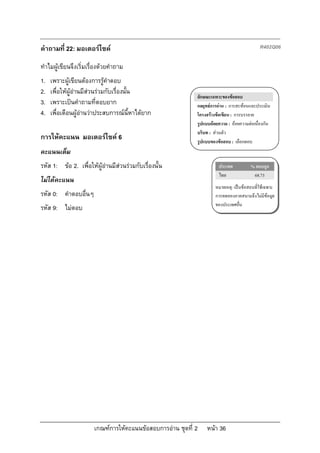 คําถามที่ 22: มอเตอรไซค                                                                    R402Q06

ทําไมผูเขียนจึงเริ่มเรื่องดวยคําถาม
1.   เพราะผูเขียนตองการรูคําตอบ
2.   เพื่อใหผูอานมีสวนรวมกับเรื่องนั้น
                                                             ลักษณะเฉพาะของขอสอบ
3.   เพราะเปนคําถามที่ตอบยาก                                กลยุทธการอาน : การสะทอนและประเมิน
4.   เพื่อเตือนผูอานวาประสบการณนี้หาไดยาก               โครงสรางขอเขียน : การบรรยาย
                                                             รูปแบบถอยความ : ถอยความตอเนื่องกัน
                                                             บริบท : สวนตัว
การใหคะแนน มอเตอรไซค 6                                    รูปแบบของขอสอบ : เลือกตอบ
คะแนนเต็ม
รหัส 1: ขอ 2. เพื่อใหผูอานมีสวนรวมกับเรื่องนั้น                  ประเทศ           % ตอบถูก
                                                                       ไทย               68.73
ไมไดคะแนน
                                                                      หมายเหตุ: เปนขอสอบที่ใชเฉพาะ
รหัส 0: คําตอบอื่นๆ                                                   การทดลองภาคสนามจึงไมมีขอมูล
                                                                      ของประเทศอื่น
รหัส 9: ไมตอบ




                        เกณฑการใหคะแนนขอสอบการอาน ชุดที่ 2   หนา 36
 