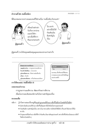 คําถามที่ 25: คนขี้เหนียว                                                                                                      R433Q05 – 0 1 9

นี่คือบทสนทนาระหวางคนสองคนที่ไดอานเรื่อง “คนขี้เหนียวกับทองคํา”


                                   เพื่อนบานชางนา                           ไม เขาทํา
                                   รังเกียจ เขานาจะ                           อยางนั้นไมได
                                   แนะนําใหหา                                 กอนหินเปน
                                   อยางอื่นที่ดีกวา                          สิ่งสําคัญใน
                                   หินมาแทนทองคํา                              เรื่อง

       ผูพูดคนที่ 1                                                                                             ผูพูดคนที่ 2


ผูพูดคนที่ 2 จะใหเหตุผลสนับสนุนมุมมองของเขาเองวาอยางไร
...........................................................................................................................................
...........................................................................................................................................
                   ลักษณะเฉพาะของขอสอบ                                                     ประเทศ              % ตอบถูก
                   กลยุทธการอาน : การบูรณาการและตีความ                                    ไทย                  33.33
                   โครงสรางขอเขียน : การบรรยาย
                   รูปแบบถอยความ : ถอยความตอเนื่องกัน                                  หมายเหตุ: เปนขอสอบที่ใชเฉพาะ
                   บริบท : สวนตัว                                                        การทดลองภาคสนามจึงไมมีขอมูล
                                                                                          ของประเทศอื่น
                   รูปแบบของขอสอบ : สรางคําตอบแบบอิสระ

การใหคะแนน คนขี้เหนียว 5
เจตนาของคําถาม:
    การบูรณาการและตีความ: พัฒนาทักษะการตีความ
    เชื่อมโยงรายละเอียดของนิทานกับใจความสําคัญของเรื่อง
คะแนนเต็ม
รหัส 1: รูวาใจความของเรื่องอยูททองคําถูกแทนที่ดวยบางสิ่งที่ไมมีประโยชนหรือไมมีคา
                                  ี่
               มันจําเปนตองแทนที่ดวยบางสิ่งที่ไมมีคุณคาเพื่อใหเปนไปตามจุดประสงค
               กอนหินมีความสําคัญในเรื่อง เพราะในภาพรวมคือการฝงหินก็ใหสิ่งดีๆ ที่ทองคําใหแกเขาไดไม
                ตางกัน
               ถาคุณแทนที่มันดวยบางสิ่งที่ดีกวากอนหิน มันอาจผิดจุดประสงค เพราะสิ่งที่ฝงตองเปนของบางสิ่งที่
                ไมมีประโยชนจริงๆ

                                 เกณฑการใหคะแนนขอสอบการอาน ชุดที่ 2                                   หนา 39
 