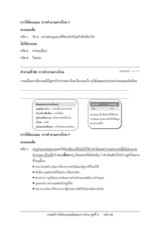 การใหคะแนน การทํางานทางไกล 1
คะแนนเต็ม
รหัส 1: ขอ 4. เขาแสดงมุมมองที่ขัดแยงกันในหัวขอเดียวกัน
ไมไดคะแนน
รหัส 0: คําตอบอื่นๆ
รหัส 9: ไมตอบ


คําถามที่ 28: การทํางานทางไกล                                                                                                  R458Q07 – 0 1 9

งานหนึ่งอยางที่อาจจะมีปญหาถาทํางานทางไกล คืองานอะไร จงใหเหตุผลประกอบคําตอบของนักเรียน
...........................................................................................................................................
...........................................................................................................................................
                   ลักษณะเฉพาะของขอสอบ                                                    ประเทศ              % ตอบถูก
                   กลยุทธการอาน : การสะทอนและประเมิน                                    ไทย                   19.6
                   โครงสรางขอเขียน : การโตแยง                                        หมายเหตุ: เปนขอสอบที่ใชเฉพาะ
                   รูปแบบถอยความ : ถอยความตอเนื่องกัน                                 การทดลองภาคสนามจึงไมมีขอมูล
                   บริบท : อาชีพ                                                         ของประเทศอื่น
                   รูปแบบของขอสอบ : สรางคําตอบแบบอิสระ

การใหคะแนน การทํางานทางไกล 7
คะแนนเต็ม
รหัส 1: ระบุประเภทของงานและใหคําอธิบายที่เปนไปไดวาทําไมคนทํางานประเภทนั้นไมสามารถ
        ทํางานทางไกลได คําตอบตองระบุ (โดยตรงหรือโดยนัย) วาจําเปนตองไปปรากฏตัวในงาน
        ที่ระบุนั้นๆ
               คนงานกอสราง มันยากที่จะทํางานกับไมและอิฐจากที่ไหนก็ได
               นักกีฬา คุณตองไปที่นั่นจริงๆ เพื่อแขงกีฬา
               ชางประปา คุณไมสามารถซอมอางลางหนาของคนอื่นจากบานคุณ!
               ขุดลอกทอ เพราะคุณตองไปอยูที่นั่น
               พยาบาล มันยากที่จะตรวจวาผูปวยสบายดีหรือไมผานอินเทอรเน็ต




                                 เกณฑการใหคะแนนขอสอบการอาน ชุดที่ 2                                   หนา 42
 