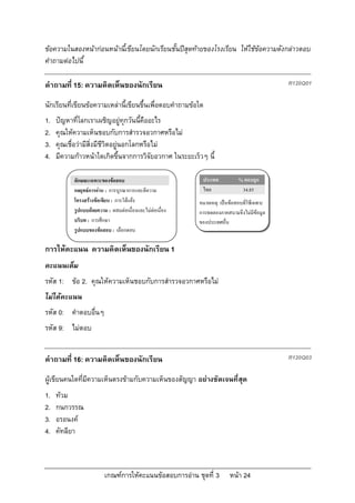 ขอความในสองหนากอนหนานี้เขียนโดยนักเรียนชั้นปสุดทายของโรงเรียน ใหใชขอความดังกลาวตอบ
คําถามตอไปนี้

คําถามที่ 15: ความคิดเห็นของนักเรียน                                                        R120Q01

นักเรียนที่เขียนขอความเหลานี้เขียนขึ้นเพื่อตอบคําถามขอใด
1.   ปญหาที่โลกเราเผชิญอยูทุกวันนี้คืออะไร
2.   คุณใหความเห็นชอบกับการสํารวจอวกาศหรือไม
3.   คุณเชื่อวามีสิ่งมีชีวิตอยูนอกโลกหรือไม
4.   มีความกาวหนาใดเกิดขึ้นจากการวิจัยอวกาศ ในระยะเร็วๆ นี้

           ลักษณะเฉพาะของขอสอบ                            ประเทศ           % ตอบถูก
           กลยุทธการอาน : การบูรณาการและตีความ           ไทย               34.85
           โครงสรางขอเขียน : การโตแยง                 หมายเหตุ: เปนขอสอบที่ใชเฉพาะ
           รูปแบบถอยความ : ผสมตอเนื่องและไมตอเนื่อง   การทดลองภาคสนามจึงไมมีขอมูล
           บริบท : การศึกษา                               ของประเทศอื่น
           รูปแบบของขอสอบ : เลือกตอบ

การใหคะแนน ความคิดเห็นของนักเรียน 1
คะแนนเต็ม
รหัส 1: ขอ 2. คุณใหความเห็นชอบกับการสํารวจอวกาศหรือไม
ไมไดคะแนน
รหัส 0: คําตอบอื่นๆ
รหัส 9: ไมตอบ


คําถามที่ 16: ความคิดเห็นของนักเรียน                                                        R120Q03

ผูเขียนคนใดที่มีความเห็นตรงขามกับความเห็นของสัญญา อยางชัดเจนที่สุด
1.   ทวม
2.   กนกวรรณ
3.   อรอนงค
4.   คัทลียา



                         เกณฑการใหคะแนนขอสอบการอาน ชุดที่ 3         หนา 24
 