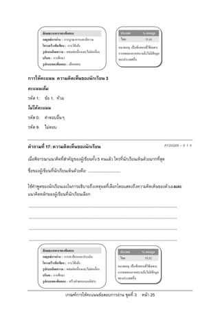 ลักษณะเฉพาะของขอสอบ                                                     ประเทศ              % ตอบถูก
             กลยุทธการอาน : การบูรณาการและตีความ                                    ไทย                  31.61
             โครงสรางขอเขียน : การโตแยง                                         หมายเหตุ: เปนขอสอบที่ใชเฉพาะ
             รูปแบบถอยความ : ผสมตอเนื่องและไมตอเนื่อง                           การทดลองภาคสนามจึงไมมีขอมูล
             บริบท : การศึกษา                                                       ของประเทศอื่น
             รูปแบบของขอสอบ : เลือกตอบ


การใหคะแนน ความคิดเห็นของนักเรียน 3
คะแนนเต็ม
รหัส 1: ขอ 1. ทวม
ไมไดคะแนน
รหัส 0: คําตอบอื่นๆ
รหัส 9: ไมตอบ


คําถามที่ 17: ความคิดเห็นของนักเรียน                                                                                           R120Q06 – 0 1 9

เมื่อพิจารณาแนวคิดที่สําคัญของผูเขียนทั้ง 5 คนแลว ใครที่นักเรียนเห็นดวยมากที่สุด
ชื่อของผูเขียนที่นักเรียนเห็นดวยคือ: ..............................

ใชคําพูดของนักเรียนเองในการอธิบายถึงเหตุผลที่เลือกโดยแสดงถึงความคิดเห็นของตัวเองและ
แนวคิดหลักของผูเขียนที่นักเรียนเลือก
...........................................................................................................................................
...........................................................................................................................................
...........................................................................................................................................
...........................................................................................................................................
             ลักษณะเฉพาะของขอสอบ                                                    ประเทศ               % ตอบถูก
             กลยุทธการอาน : การสะทอนและประเมิน                                    ไทย                   55.52
             โครงสรางขอเขียน : การโตแยง
                                                                                   หมายเหตุ: เปนขอสอบที่ใชเฉพาะ
             รูปแบบถอยความ : ผสมตอเนื่องและไมตอเนื่อง
                                                                                   การทดลองภาคสนามจึงไมมีขอมูล
             บริบท : การศึกษา
                                                                                   ของประเทศอื่น
             รูปแบบของขอสอบ : สรางคําตอบแบบอิสระ


                                  เกณฑการใหคะแนนขอสอบการอาน ชุดที่ 3 หนา 25
 