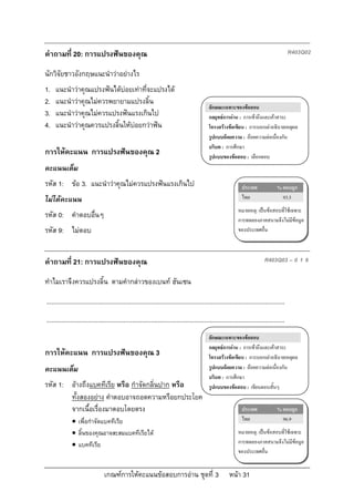 คําถามที่ 20: การแปรงฟนของคุณ                                                                                                                R403Q02

นักวิจัยชาวอังกฤษแนะนําวาอยางไร
1.   แนะนําวาคุณแปรงฟนไดบอยเทาที่จะแปรงได
2.   แนะนําวาคุณไมควรพยายามแปรงลิ้น
                                                                                              ลักษณะเฉพาะของขอสอบ
3.   แนะนําวาคุณไมควรแปรงฟนแรงเกินไป                                                       กลยุทธการอาน : การเขาถึงและเคาสาระ
4.   แนะนําวาคุณควรแปรงลิ้นใหบอยกวาฟน                                                    โครงสรางขอเขียน : การบอกเลาอธิบายเหตุผล
                                                                                              รูปแบบถอยความ : ถอยความตอเนื่องกัน
                                                                                              บริบท : การศึกษา
การใหคะแนน การแปรงฟนของคุณ 2                                                                รูปแบบของขอสอบ : เลือกตอบ
คะแนนเต็ม
รหัส 1: ขอ 3. แนะนําวาคุณไมควรแปรงฟนแรงเกินไป                                                                 ประเทศ              % ตอบถูก
ไมไดคะแนน                                                                                                       ไทย                   93.5
                                                                                                               หมายเหตุ: เปนขอสอบที่ใชเฉพาะ
รหัส 0: คําตอบอื่นๆ                                                                                            การทดลองภาคสนามจึงไมมีขอมูล
รหัส 9: ไมตอบ                                                                                                 ของประเทศอื่น



คําถามที่ 21: การแปรงฟนของคุณ                                                                                                 R403Q03 – 0 1 9

ทําไมเราจึงควรแปรงลิ้น ตามคํากลาวของเบนท ฮันเซน

...........................................................................................................................................
...........................................................................................................................................
                                                                                              ลักษณะเฉพาะของขอสอบ
                                                                                              กลยุทธการอาน : การเขาถึงและเคาสาระ
การใหคะแนน การแปรงฟนของคุณ 3                                                                โครงสรางขอเขียน : การบอกเลาอธิบายเหตุผล
คะแนนเต็ม                                                                                     รูปแบบถอยความ : ถอยความตอเนื่องกัน
                                                                                              บริบท : การศึกษา
รหัส 1: อางถึงแบคทีเรีย หรือ กําจัดกลิ่นปาก หรือ                                             รูปแบบของขอสอบ : เขียนตอบสั้นๆ
        ทั้งสองอยาง คําตอบอาจถอดความหรือยกประโยค
        จากเนื้อเรื่องมาตอบโดยตรง                                                                                 ประเทศ              % ตอบถูก
               เพื่อกําจัดแบคทีเรีย                                                                              ไทย                   96.9

               ลิ้นของคุณอาจสะสมแบคทีเรียได                                                                  หมายเหตุ: เปนขอสอบที่ใชเฉพาะ
               แบคทีเรีย                                                                                      การทดลองภาคสนามจึงไมมีขอมูล
                                                                                                               ของประเทศอื่น


                                 เกณฑการใหคะแนนขอสอบการอาน ชุดที่ 3                                   หนา 31
 