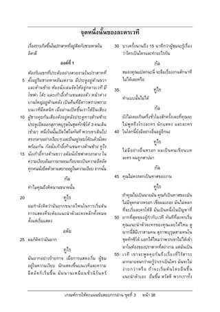 จุดหนึ่งนั้นของละครเวที
     เรื่องราวเกิดขึ้นในปราสาทที่อยูติดกับชายหาดใน                 30   บางครั้งนานถึง 15 นาทีกวาผูชมจะรูเรื่อง
     อิตาลี                                                              วาใครเปนใครและทําอะไรกัน
                             องคที่ 1                                                          กัล
     หองรับแขกที่ประดับอยางสวยงามในปราสาทที่                           สมองคุณแปลกนะนี่ จะลืมเรื่องงานสักนาที
 5   ตั้งอยูริมชายหาดอันงดงาม มีประตูอยูดานขวา                        ไมไดเลยหรือ
     และด านซ าย หองนั่ง เลน จัด ใหอ ยูกลางเวที มี            35                          ทูไร
     โซฟา โตะ และเกา อี้เทา แขนสองตั ว หน าตา ง
                                                                         ทําแบบนั้นไมได
     บานใหญอยูดานหลัง เปนคืนที่มีดาวพรางพราย
     บนเวทีมืดสนิท เมื่อมานเปดขึ้นเราไดยิน เสียง                                             กัล
10   ผูช ายคุยกัน เสียงดัง อยูห ลัง ประตูท างดานซาย                  ยังไมเคยเกินครึ่งชั่วโมงสักครั้งเลยที่คุณจะ
     ประตูเปดออกสุภาพบุรุษในชุดทักซิโด 3 คนเดิน                        ไม พู ด ถึ ง โรงละคร นั ก แสดง และละคร
     เขามา หนึ่งในนั้นเปดไฟในทันที พวกเขาเดินไป                   40   ในโลกนี้ยังมีอยางอื่นอยูอีกนะ
     ตรงกลางอยางเงียบๆ และยืนอยูรอบโตะแลวนั่งลง                                             ทูไร
     พรอมกัน กัลนั่งเกาอี้เทาแขนทางดานซาย ทูไร
                                                                         ไม มี อ ย า งอื่ น หรอก ผมเป น คนเขี ย นบท
15   นั่งเกาอี้ทางดานขวา อดัมนั่งโซฟาตรงกลาง ใน
                                                                         ละคร ผมถูกสาปมา
     ความเงียบอันยาวนานจนเกือบจะเปนความอึดอัด
     ทุกคนนั่งยืดตัวตามสบายอยูในความเงียบ จากนั้น                                              กัล
                                กัล                                 45   คุณไมควรตกเปนทาสของงาน
     ทําไมคุณถึงคิดนานขนาดนั้น                                                                  ทูไร
20                              ทูไร                                     ถาคุณไมเปนนายมัน คุณก็เปนทาสของมัน
                                                                         ไมมีจุดกลางหรอก เชื่อผมเถอะ มันไมตลก
     ผมกําลัง คิดวามัน ยากขนาดไหนในการเริ่มตน
                                                                         ที่จะเริ่มละครใหดี มันเปน หนึ่งในปญหาที่
     การแสดงที่จะตองแนะนําตัวละครหลักทั้งหมด
                                                                    50   ยากที่สุดของผูกํากับเวที ทัน ทีที่ละครเริ่ม
     ตั้งแตเริ่มแสดง
                                                                         คุณ แนะนําตัวละครของคุณ เลยไดไ หม ดู
                               อดัม                                      ฉากนี้สิมีเราสามคน สุภาพบุรุษสามคนใน
25   ผมก็คิดวามันยาก                                                    ชุดทักซิโด บอกไดไหมวาพวกเขาไมไดเขา
                                ทูไร                                     มาในหองของปราสาทที่สงางาม แตมันเปน
                                                                    55   เวที เขาจะพู ด คุ ย กั น ถึ ง เรื่ อ งที่ ไ ร ส าระ
     มันยากอยางรายกาจ เมื่อการแสดงเริ่ม ผูช ม
                                                                         มากมายจนกวาจะรูวาเราเปนใคร มันจะไม
     อยูในความเงียบ นักแสดงขึ้นบนเวทีและความ
                                                                         ง า ยกว า หรื อ ถ า จะเริ่ ม ต น โดยยื น ขึ้ น
     อึ ด อั ด ก็ เ ริ่ ม ขึ้ น มั น นานเหมื อ นชั่ ว นิ รั น ดร
                                                                         แนะนําตัวเอง ยืน ขึ้ น สวัส ดี พวกเราทั้ ง


                                 เกณฑการใหคะแนนขอสอบการอาน ชุดที่ 3                หนา 38
 