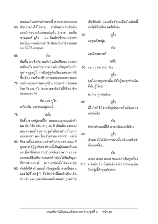 สามคนเปนแขกในปราสาทนี้ พวกเราออกมาจาก                               เสียไปแลว ผมเหลื อตัวคนเดียวในโลกนี้
60   หองอาหารไดไม นาน เรากินอาหารเย็ น อั น                            ผมไมมีชื่อเสียง ผมไมมีเงิน
     แสนวิเศษและดื่มแชมเปญไป 2 ขวด ผมชื่อ                            90                             ทูไร
     ซานเดอร ทู ไ ร ผมเป น นั ก เขี ย นบทละคร
                                                                          แตคุณยังหนุม
     ผมเขียนบทละครมาแลว 30 ปมันเปนอาชีพของผม
     จบ ทีนี้ก็ถึงตาคุณละ                                                                            กัล
65                              กัล                                       และมีพรสวรรค
     ยื น ขึ้ น ผมชื่ อ กั ล ผมก็ เ ป น นั ก เขี ย นบทละคร                                        อดัม
     เหมือนกัน ผมเขียนบทละครดวยกันทุกเรื่องกับ                      95   และผมหลงรักนักรอง
     สุภาพบุรุษผู นี้ เราเปนคูหูนักเขียนบทละครที่มี
                                                                                                    ทูไร
     ชื่อเสียง จะเห็นวาปายการแสดงของละครตลก
                                                                          คุณไมควรพูดตรงนั้น ยังไงผูชมทุกทานใน
70   ขบขันและละครเพลงทุกปาย จะบอกวา เขียนบท
                                                                          ที่นี้จะรูไดเอง
     โดย กัล และ ทูไร โดยธรรมชาติแลวนี่ก็คืออาชีพ
     ของผมเชนกัน                                                         พวกเขาทุกคนนั่งลง
                          กัล และ ทูไร                              100                             ทูไร
     พรอมกัน และชายหนุมคนนี้…                                           นี่ ไ ม ใ ช วิ ธี ที่ ง า ยที่ สุ ดในการเริ่ ม ต น ละคร
75                             อดัม                                       หรอกหรือ
     ยืนขึ้น ชายหนุมคนนี้คือ ผมขออนุญาตแนะนําตัว                                                    กัล
     ผม อัลเบิรต อดัม อายุ 25 ป เปนนักแตงเพลง                         ถาเราทําแบบนี้ได เราจะเขียนบทไดงาย
     ผมแตงเพลงใหสุภาพบุรุษใจดีสองทานนี้ในการ
     แสดงละครเพลงเรื่องลาสุดของพวกเขา และนี่
                                                                    105                             ทูไร
80   คืองานชิ้นแรกของผมสําหรับการแสดงบนเวที                               เชื่อผม มันไมไดยากขนาดนั้น เพียงแคคิดวา
     ทูต สวรรคผู สูง วัยสองทานนี้เปนผูคนพบตัวผม                     ทั้งหมดนี้คือ...
     และที่มานี้ก็ดวยความชวยเหลือของพวกเขา ผม                                                      กัล
     อยากจะมีชื่อเสียง พวกเขาทําใหผมไดรับเชิญมา                         เอาละ เอาละ เอาละ ขอแคอยาเริ่มพูดเรื่อง
     ที่ปราสาทแหงนี้ พวกเขาตัดเสื้อโคท และชุด                     110   ละครอีก ฉันเบื่อมันเต็มทีแลว เราจะคุยกัน
85   ทักซิโดให ถาจะมองในอีกมุมหนึ่ง ตอนนี้ผมจน                         วันพรุงนี้ถาคุณตองการ
     และไม มี ใ ครรู จั ก ยิ่ ง ไปกว า นี้ ผ มยั ง เป น เด็ ก
     กําพรา และคุณยาเปนคนเลี้ยงผมมา คุณยาได




                                 เกณฑการใหคะแนนขอสอบการอาน ชุดที่ 3                   หนา 39
 