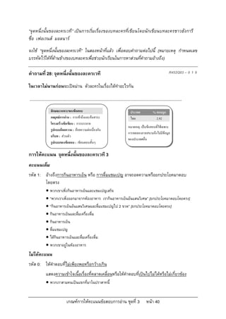 “จุดหนึ่งนั้นของละครเวที ” เปนการเริ่มเรื่องของบทละครที่เขียนโดยนักเขียนบทละครชาวฮังการี
ชื่อ เฟอเรนส มอลนาร
จงใช “จุดหนึ่งนั้นของละครเวที” ในสองหนาที่แลว เพื่อตอบคําถามตอไปนี้ (หมายเหตุ กําหนดเลข
บรรทัดไวใหทดานขางของบทละครเพื่อชวยนักเรียนในการหาสวนที่คําถามอางถึง)
              ี่

คําถามที่ 28: จุดหนึ่งนั้นของละครเวที                                                                                          R452Q03 – 0 1 9

ในเวลาไมนานกอนจะเปดมาน ตัวละครในเรื่องไดทําอะไรกัน

...........................................................................................................................................
                   ลักษณะเฉพาะของขอสอบ                                                     ประเทศ              % ตอบถูก
                   กลยุทธการอาน : การเขาถึงและคนสาระ                                    ไทย                   2.92
                   โครงสรางขอเขียน : การบรรยาย
                                                                                          หมายเหตุ: เปนขอสอบที่ใชเฉพาะ
                   รูปแบบถอยความ : ถอยความตอเนื่องกัน
                                                                                          การทดลองภาคสนามจึงไมมีขอมูล
                   บริบท : สวนตัว
                                                                                          ของประเทศอื่น
                   รูปแบบของขอสอบ : เขียนตอบสั้นๆ

การใหคะแนน จุดหนึ่งนั้นของละครเวที 3
คะแนนเต็ม
รหัส 1: อางถึงการกินอาหารเย็น หรือ การดื่มแชมเปญ อาจถอดความหรือยกประโยคมาตอบ
        โดยตรง
               พวกเขาเพิ่งกินอาหารเย็นและแชมเปญเสร็จ
               “พวกเราเพิ่งออกมาจากหองอาหาร เรากินอาหารเย็นอันแสนวิเศษ” [ยกประโยคมาตอบโดยตรง]
               “กินอาหารเย็นอันแสนวิเศษและดื่มแชมเปญไป 2 ขวด” [ยกประโยคมาตอบโดยตรง]
               กินอาหารเย็นและดื่มเครื่องดื่ม
               กินอาหารเย็น
               ดื่มแชมเปญ
               ไดกินอาหารเย็นและดื่มเครื่องดื่ม
               พวกเขาอยูในหองอาหาร
ไมไดคะแนน
รหัส 0: ใหคําตอบที่ไมเพียงพอหรือกวางเกิน
              แสดงความเขาใจเนื้อเรื่องที่คลาดเคลื่อนหรือใหคําตอบทีเปนไปไมไดหรือไมเกี่ยวของ
                                                                    ่
               พวกเราสามคนเปนแขกที่มาในปราสาทนี้


                                 เกณฑการใหคะแนนขอสอบการอาน ชุดที่ 3                                   หนา 40
 