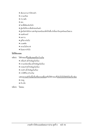    เสียงรบกวน ทําใหปวดหัว
            ความเครียด
            ทํางานดึก
            สอบ
            โลกนี้มเสียงดังเกินไป
                     ี
            ผูคนไมใชเวลาเพื่อพักผอนกันแลว
            ผูคนไมคํานึงถึงความสําคัญกอนหลังของสิ่งที่เกิดขึ้น ดังนั้นเขาจึงหงุดหงิดและไมสบาย
            คอมพิวเตอร
            มลภาวะ
            ดูทีวีมากเกินไป
            ยาเสพติด
            เตาอบไมโครเวฟ
            อีเมลมากเกินไป
ไมไดคะแนน
รหัส 0: ใหคําตอบที่ไมเพียงพอหรือกวางเกิน
            เหนื่อยลา [ซ้ํากับขอมูลในเรื่อง]
            ความเหน็ดเหนื่อย [ซ้ํากับขอมูลในเรื่อง]
            ขาดสมาธิ [ซ้ํากับขอมูลในเรื่อง]
            ปวดหัว [ซ้ํากับขอมูลในเรื่อง]
            การใชชีวิต [กวางเกิน]
         แสดงความเขาใจเนื้อเรื่องที่คลาดเคลื่อนหรือใหคําตอบทีเปนไปไมไดหรือไมเกี่ยวของ
                                                               ่
          ปวดหู
          ที่วางไข
รหัส 9: ไมตอบ




                        เกณฑการใหคะแนนขอสอบการอาน ชุดที่ 4                หนา 16
 