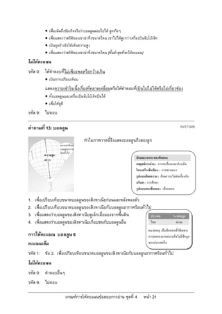    เพื่อเนนถึงขอเท็จจริงวาบอลลูนลอยไปได สูงจริงๆ
             เพื่อแสดงวาสถิติของเขานาทึ่งขนาดไหน เขาไปไดสูงกวาเครื่องบินจับโบเจ็ท
             เปนจุดอางอิงใหเห็นความสูง
             เพื่อแสดงวาสถิติของเขานาทึ่งขนาดไหน [ขั้นต่ําสุดที่จะไดคะแนน]
ไมไดคะแนน
รหัส 0: ใหคําตอบที่ไมเพียงพอหรือกวางเกิน
           เปนการเปรียบเทียบ
          แสดงความเขาใจเนื้อเรื่องที่คลาดเคลื่อนหรือใหคําตอบทีเปนไปไมไดหรือไมเกี่ยวของ
                                                                ่
           ทั้งบอลลูนและเครื่องบินจับโบเจ็ทบินได
           เพื่อใหดูดี
รหัส 9: ไมตอบ

คําถามที่ 13: บอลลูน                                                                                     R417Q06

                                     ทําไมภาพวาดนี้จึงแสดงบอลลูนถึงสองลูก
                     ขนาดปกติของ
                     บอลลูนอากาศ
                     รอนทั่วไป
          ความสูง:
          49 m
                                                                        ลักษณะเฉพาะของขอสอบ
                                                                        กลยุทธการอาน : การสะทอนและประเมิน
                                                                        โครงสรางขอเขียน : การพรรณนา
                                                                        รูปแบบถอยความ : ถอยความไมตอเนื่องกัน
                                                                        บริบท : การศึกษา
                                                                        รูปแบบของขอสอบ : เลือกตอบ

1.   เพื่อเปรียบเทียบขนาดบอลลูนของสิงหาเนียกอนและหลังพองตัว
2.   เพื่อเปรียบเทียบขนาดบอลลูนของสิงหาเนียกับบอลลูนอากาศรอนทั่วไป
3.   เพื่อแสดงวาบอลลูนของสิงหาเนียดูเล็กเมื่อมองจากพื้นดิน        ประเทศ                          % ตอบถูก
4.   เพื่อแสดงวาบอลลูนของสิงหาเนียเกือบชนกับบอลลูนอื่น            ไทย                              48.06
                                                                                 หมายเหตุ: เปนขอสอบที่ใชเฉพาะ
การใหคะแนน บอลลูน 6                                                             การทดลองภาคสนามจึงไมมีขอมูล
คะแนนเต็ม                                                                        ของประเทศอื่น

รหัส 1: ขอ 2. เพื่อเปรียบเทียบขนาดบอลลูนของสิงหาเนียกับบอลลูนอากาศรอนทั่วไป
ไมไดคะแนน
รหัส 0: คําตอบอื่นๆ
รหัส 9: ไมตอบ

                         เกณฑการใหคะแนนขอสอบการอาน ชุดที่ 4              หนา 21
 
