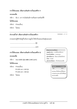 การใหคะแนน เสนทางเดินสํารวจในแอฟริกา 1
คะแนนเต็ม
รหัส 1: ขอ 3. ยาก จําเปนตองมีการเตรียมความพรอมที่ดี
ไมไดคะแนน
รหัส 0: คําตอบอื่นๆ
รหัส 9: ไมตอบ


คําถามที่ 27: เสนทางเดินสํารวจในแอฟริกา                                                           R459Q02 – 0 1 9

ลานจอดรถผูพิทักษอยูที่ระดับความสูงใด ใหนักเรียนตอบเปนฟุตและเมตร
....................................................................ฟุต
....................................................................เมตร
                                                                           ลักษณะเฉพาะของขอสอบ
การใหคะแนน เสนทางเดินสํารวจในแอฟริกา 2                                   กลยุทธการอาน : การเขาถึงและคนสาระ
                                                                           โครงสรางขอเขียน : การพรรณนา
คะแนนเต็ม                                                                  รูปแบบถอยความ : ถอยความไมตอเนื่องกัน
                                                                           บริบท : สวนตัว
รหัส 1: ตอบ 8,000 (ฟุต) และ 2,440 (เมตร)
                                                                           รูปแบบของขอสอบ : สรางคําตอบแบบปด
ไมไดคะแนน
รหัส 0: คําตอบอื่นๆ                                                                     ประเทศ           % ตอบถูก
                                                                                        ไทย               60.61
               8,000 เมตร, 2,440 ฟุต
               6,000 เมตร, 1,830 ฟุต                                                 หมายเหตุ: เปนขอสอบที่ใชเฉพาะ
                                                                                      การทดลองภาคสนามจึงไมมีขอมูล
รหัส 9: ไมต