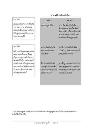 ถาคุณใชโทรศัพทมือถือ...
    จุดสําคัญ                                           จงทํา                           อยาทํา
    เนื่องจากมีผูใชโทรศัพทมือถือ
                                              พยายามคุยใหสั้น             อยาใชโทรศัพทมือถือเมื่อ
    จํานวนมหาศาล แมจะสงผล
                                                                           สัญญาณออนเพราะโทรศัพท
    เพียงเล็กนอยตอสุขภาพก็อาจ
                                                                           ตองใชพลังงานในการสื่อสารกับ
    นําไปสูปญหาใหญตอสุขภาพ
                                                                           สถานีภาคพื้นดินมากขึ้น และ
    ของสาธารณะได
                                                                           การปลอยคลื่นวิทยุจะสูงขึ้น


    จุดสําคัญ                                 พกโทรศัพทมือถือให          อยาซื้อโทรศัพทมือถือที่มีคา
    ในป ค.ศ.2000 รายงานของสจวต              หางจากรางกายเมื่อ          “SAR”1 สูง ซึ่งหมายความวาจะ
    (รายงานของอังกฤษ) ไมพบ                   ไมไดใชงาน                 ปลอยรังสีไดมากกวา
    ปญหาทางสุขภาพที่เกิดจาก
    โทรศัพทมือถือ แตแนะนําให
    ระวังโดยเฉพาะในกลุมเยาวชน                ซื้อโทรศัพทมือถือที่มี      อยาซื้ออุปกรณเสริมปองกันรังสี
    จนกวาจะมีงานวิจัยที่มากกวานี้           “เวลาพูด” ไดนาน จะมี        ที่สวยสะดุดตา จนกวาจะผาน
    มีรายงานเพิ่มเติมในป 2004                ประสิทธิภาพสูงกวาและ        การทดสอบจากหนวยงานอิสระ
    สนับสนุนงานวิจัยนี้                       ปลอยรังสีนอยกวา           ที่ไมใชบริษัทมือถือ




1
 SAR (อัตราการดูดซับจําเพาะ) เปนการวัดวารังสีแมเหล็กไฟฟาถูกดูดซับโดยเนื้อเยื่อของรางกายในขณะที่ใช
โทรศัพทมือถือไดเทาใด



                                      ขอสอบการอาน ชุดที่ 4      หนา 9
 
