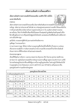 เสนทางเดินสํารวจในแอฟริกา
       เสนทางเดินสํารวจดราเคนสเบิรกตอนเหนือ: แอฟริกาใต / เลโซโท
       เอกสารขอเท็จจริง
       ภาพรวม
       เสนทางเดินสํารวจดราเคนสเบิรกตอนเหนือ เปนการเดินขามสันเขาดราเคนสเบิรกตอนเหนือซึ่งอยูใน     
       ระดับสูง เสนทางยาวประมาณ 40 ไมล (65 กม.) ครอมอยูบนชายแดนระหวางแอฟริกาใตและเลโซโทใน
       การขามผานตองใชเวลาเดินทางดวยความอุตสาหะเปนเวลา 5 วัน บนเสนทางเดินสํารวจจะพบ
       สถานที่เดนๆ ไดแก ทิวทัศนที่นาตื่นตาตื่นใจไปตลอด ตั้งแตจุดชมวิวรูปอัฒจันทรจนถึงจุดชมวิวเขี้ยว
       ปศาจซึ่งอยูในระหวางทางที่คุณเดินไปสูจุดบันไดโซเหล็ก และชมพระอาทิตยขึ้นทีมอนจวาเนซึ่งควรคา
                                                                                        ่
       แกการตั้งนาฬิกาปลุก
       จุดเริ่มตน: ลานจอดรถผูพิทักษ อุทยานแหงชาติรอยัลนาทาล
       จุดสิ้นสุด: โรงแรมยอดวิหาร
       ความยากและความสูง: นี่เปนการเดินทางบนภูเขาสูงซึ่งเปนหนึ่งในพื้นที่หางไกลหลายๆ แหงของ
       เทือกเขาดราเคนสเบิรก การเดินทางคอนขางยากลําบากและใชเวลาตลอดทั้งวัน ซึ่งจําเปนตองมี
       ทักษะการนําทางที่ดีจึงจะเดินทางขามผานอยางปลอดภัย
       ชวงเวลาและฤดูกาล
       เดือนที่ดีที่สุดในการเดินทาง: เมษายน พฤษภาคม มิถุนายน หรือ กันยายน ตุลาคม พฤศจิกายน
       สภาพอากาศ: ฤดูรอนในดราเคนสเบิรกอาจรอนมากและความชื้นสูง ฤดูหนาวจะแหงกวามาก แตก็มี
       โอกาสเกิดฝนอยูเปนประจําซึ่งบนพื้นที่สูงบางครั้งอาจอยูในรูปของหิมะ ในชวงฤดูใบไมผลิและใบไม
                          
       รวงอุณหภูมิเวลากลางวันพอเหมาะ (ระหวาง 60๐F/15๐C และ 70๐F/20๐C) แตในตอนกลางคืน
       อุณหภูมิจะลดต่ํากวาจุดเยือกแข็งอยูเสมอ
                                             
                                          อุณหภูมิและปริมาณน้ําฝน
คาเฉลี่ยอุณหภูมิสูงสุดในแตละวัน
(°F)            72      70      70      66      63      60      60      63        66       68      70        70
(°C)            22      21      21      19      17      15      15      17        19       20      21        21
คาเฉลี่ยอุณหภูมิต่ําสุดในแตละวัน
(°F)            55      55      54      48      46      41      41      43        46       48      52        54
(°C)            13      13      12       9       8       5       5       6        8         9      11        12
คาเฉลี่ยปริมาณน้ําฝนในแตละเดือน
(นิ้ว)         9.3     8.5      7.7     3.1     1.1     0.6     0.5     1.3      2.4      4.0     6.5        7.9
(มิลลิเมตร)    237     216      196     78      29      14      12      33       62       101     165        201
               ม.ค.    ก.พ.    มี.ค.   เม.ย.   พ.ค.    มิ.ย.    ก.ค.    ส.ค.     ก.ย.     ต.ค.    พ.ย.       ธ.ค.


                                       ขอสอบการอาน ชุดที่ 4     หนา 20
 