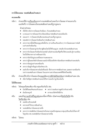 การใหคะแนน รอยพนสีบนกําแพง 2
คะแนนเต็ม
รหัส 1: คําตอบที่มีการเปรียบเทียบระหวางรอยพนสีบนกําแพงกับการโฆษณา คําตอบตรงกับ
        แนวคิดที่วา การโฆษณาเปนรอยพนสีบนกําแพงที่ถูกกฎหมาย
           ตัวอยางคําตอบ
              เพื่อใหเราเห็นวาภาพโฆษณาก็เหมือนๆ กับรอยพนสีบนกําแพง
              บางคนบอกวาภาพโฆษณาก็นาเกลียดเหมือนภาพพนสีบนกําแพงเหมือนกัน
              เธอบอกวา การโฆษณาเปนเพียงรอยพนบนกําแพงที่ถูกกฎหมาย
              หลอนคิดวาการโฆษณาก็เหมือนกับการพนสีบนกําแพง
              เพราะวาพวกนั้นไมไดขออนุญาตติดตั้งปาย [การเปรียบเทียบคลายๆ วาการโฆษณาและการพนสี
               บนกําแพงก็เหมือนกัน]
              เพราะวาการโฆษณาถูกนําเขามาสูสังคมโดยไมไดรับอนุญาต เชนเดียวกับรอยพนสีบนกําแพง
                                                 
              เพราะวาปายโฆษณาก็เหมือนกับรอยพนสี [เปนคําตอบนอยที่สุดที่จะไดคะแนนเต็ม รูความเหมือน
               โดยไมไดขยายความวาเหมือนอยางไร]
              เพราะวามันก็เปนรูปแบบหนึ่งของการแสดงผลงาน
              เพราะวาผูโฆษณาติดปายโฆษณาบนผนัง ดังนั้นเธอจึงคิดวามันเหมือนการพนสีบนกําแพงเชนกัน
              เพราะวามันอยูบนกําแพงเหมือนกัน
              เพราะวามันดูดี หรือดูนาเกลียดก็พอๆ กัน
              เธออางถึงการโฆษณาเพราะมันเปนที่ยอมรับ ซึ่งตางจากการพนสีบนกําแพง [แสดงความเหมือนกัน
               ระหวางรอยพนสี และการโฆษณา โดยบอกความตางกันของเจตคติที่มีตอทั้งสองสิ่ง]
หรือ:    คําตอบที่อางถึงการโฆษณาเปนกลยุทธของการพิทักษหรือปกปองการพนสีบนกําแพง เชน
                   
            เพื่อวาในที่สุดการพนสีบนกําแพงจะไดรับการยอมรับวาถูกตองเชนกัน
ไมไดคะแนน
รหัส 0: ใหเหตุผลไมพอเพียง หรือ คลุมเครือเกินไป เชน
            เปนวิธีที่เสนอทัศนะของตัวเธอเอง      เพราะวาเธอตองการพูดถึงวาตัวอยางหนึ่ง
            มันเปนกลยุทธ                        ตราของบริษัทหรือชื่อราน
หรือ:    แสดงถึงความเขาใจที่ไมถูกตองของเนื้อหาที่ใหมา เปนคําตอบทีเ่ ปนไปไมได หรือ
         ไมเกี่ยวของ เชน
              เธออธิบายถึงรอยพนสี
              เพราะคนทั่วไประบายสีบนตัวเอง
              รอยพนสีเปนการโฆษณาอยางหนึ่ง
              เพราะวาการพนสีเปนการโฆษณาสําหรับคนบางคนหรือกลุมคนบางกลุม [เปรียบเทียบไปในทางที่
               ไมถูกตอง เชน รอยพนสีเปนการโฆษณาอยางหนึ่ง]
รหัส 9: ไมตอบ

                      เกณฑการใหคะแนนขอสอบการอาน ชุดที่ 1             หนา 6
 