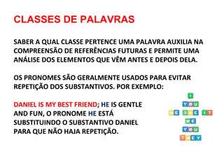 CLASSES DE PALAVRAS
SABER A QUAL CLASSE PERTENCE UMA PALAVRA AUXILIA NA
COMPREENSÃO DE REFERÊNCIAS FUTURAS E PERMITE UMA
ANÁLISE DOS ELEMENTOS QUE VÊM ANTES E DEPOIS DELA.
OS PRONOMES SÃO GERALMENTE USADOS PARA EVITAR
REPETIÇÃO DOS SUBSTANTIVOS. POR EXEMPLO:
DANIEL IS MY BEST FRIEND; HE IS GENTLE
AND FUN, O PRONOME HE ESTÁ
SUBSTITUINDO O SUBSTANTIVO DANIEL
PARA QUE NÃO HAJA REPETIÇÃO.

 
