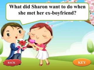 What did Sharon want to do when
she met her ex-boyfriend?

BACK

KEY

 